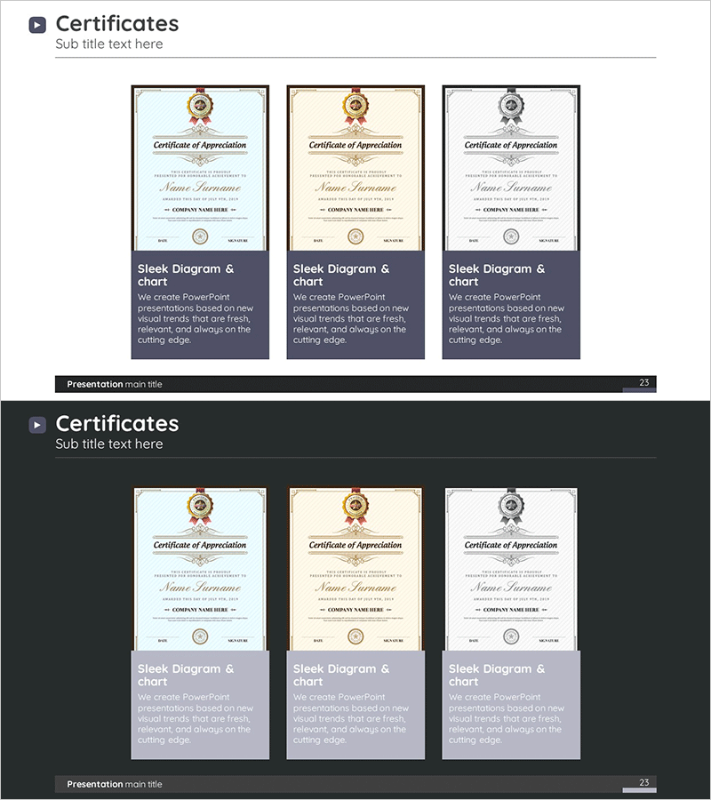 수상내역 인증서 슬라이드 – 전문성과 신뢰