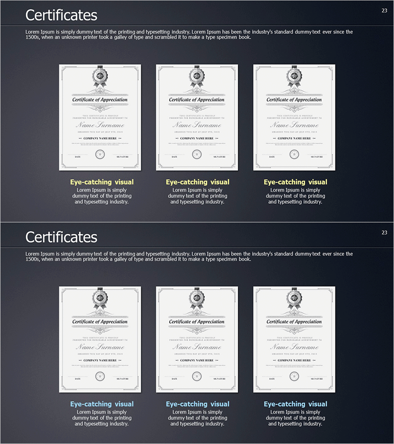 분야별 수상 인증서 슬라이드 – 직관적인 다이어그램
