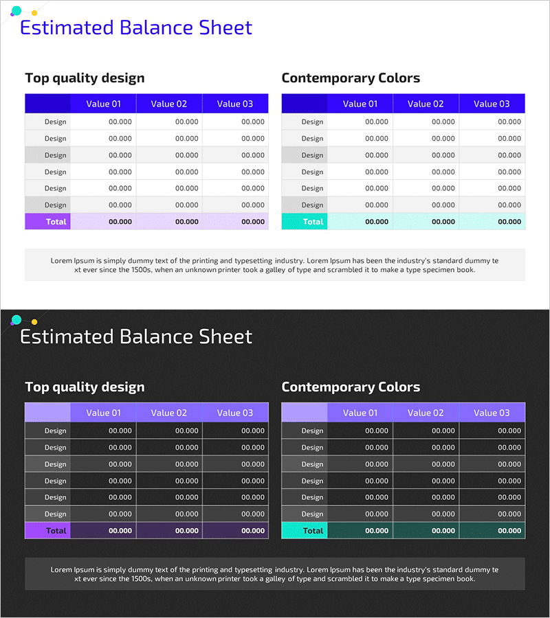 대차대조표 테이블 슬라이드 – 재무계획의 기반