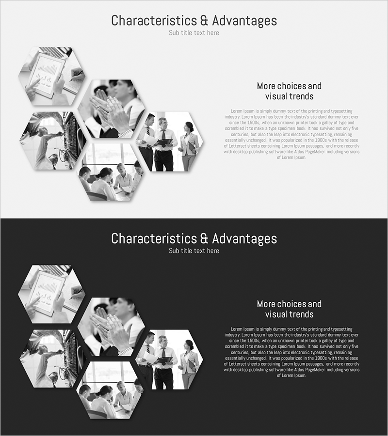 육각형 테마 특성 소개 슬라이드 – 사업비전 및 전략