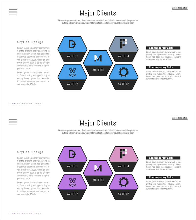 육각형 조각 다이어그램으로 주요 고객 소개