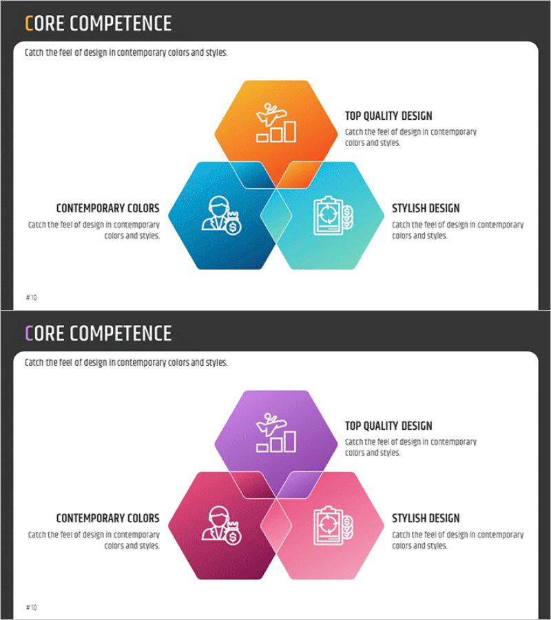 육각형 중첩 핵심 다이어그램 – 비즈니스 전략 및 특성 강조
