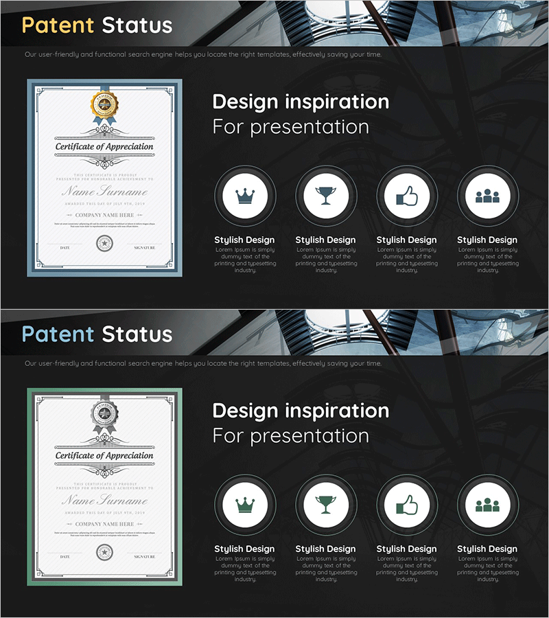 독점 기술적 차별성 다이어그램 – 인증과 수상을 강조한 디자인