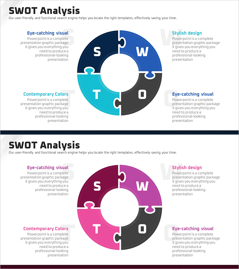 SWOT 분석 퍼즐 연결 다이어그램 – 시장 상황을 시각화