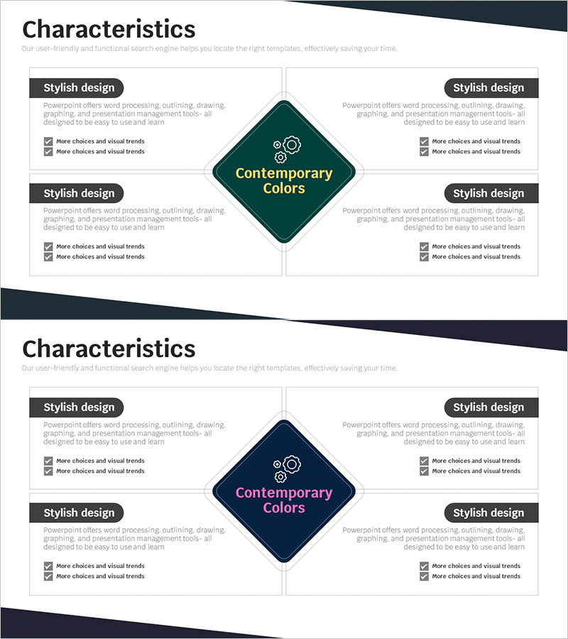 특성 소개 사각 다이어그램 – 사업 소개와 특성 전시