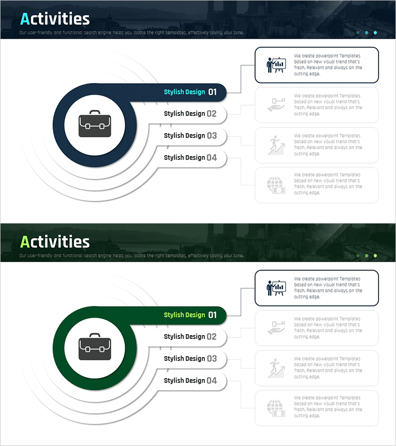 비즈니스 활동을 시각화한 슬라이드 – 혁신적 구성요소
