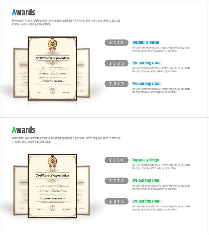 연도별 수상 경력 슬라이드 – 인상적인 다이어그램으로 전달하는 성과