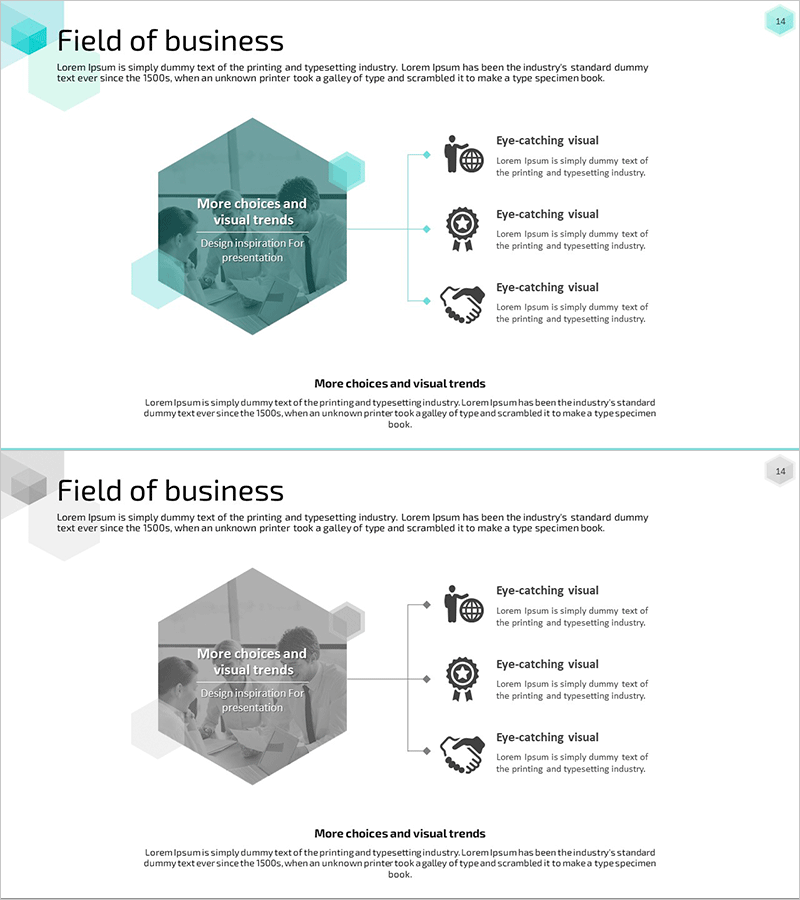 사업분야 구조 육각 다이어그램 – 시각적 트렌드 소개