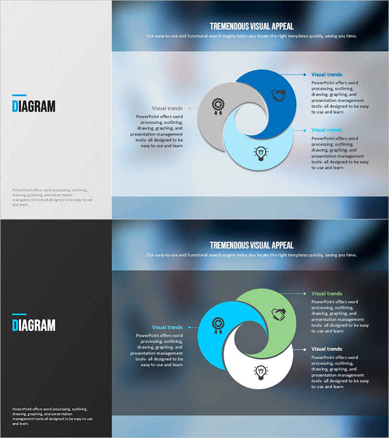모던 블루 템플릿 다이어그램 – 제품/서비스 특성 및 혜택