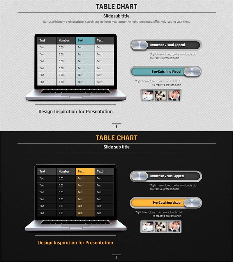 볼륨 템플릿 노트북 목업과 테이블 차트 – 현대적이고 실용적인 제안