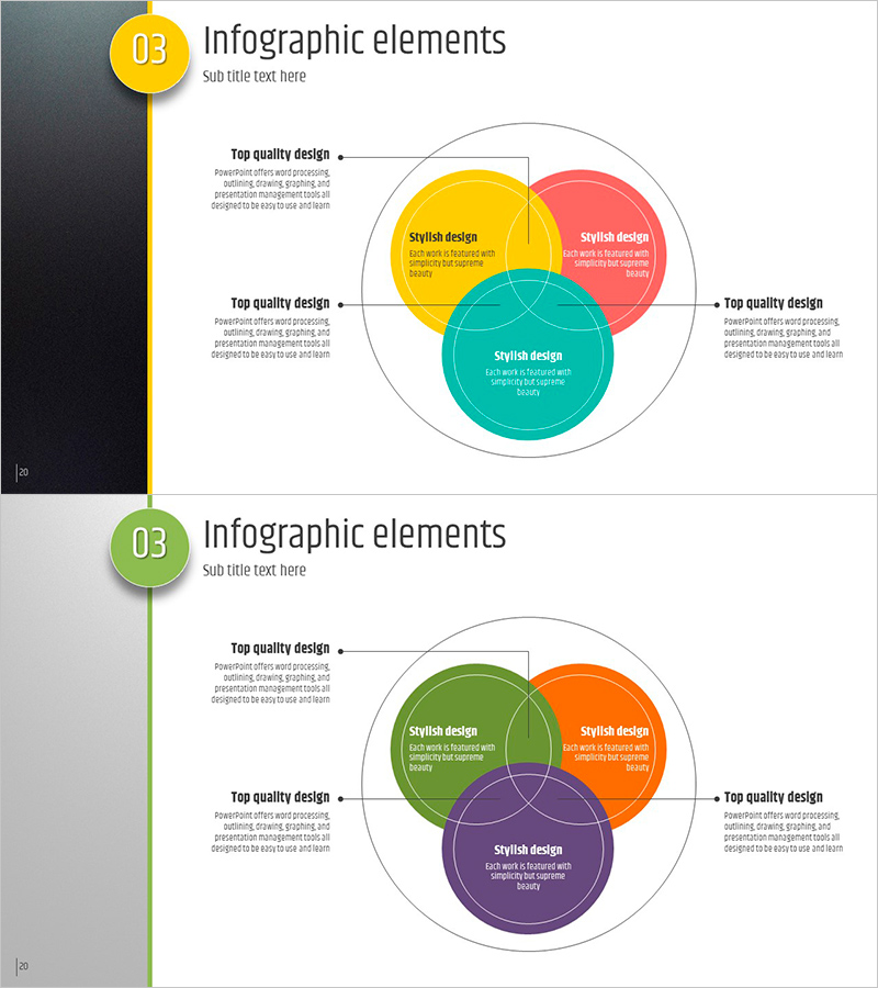 다섯가지 컬러로 구성된 인포그래픽 템플릿 – 사업 비전과 핵심 가치 전달