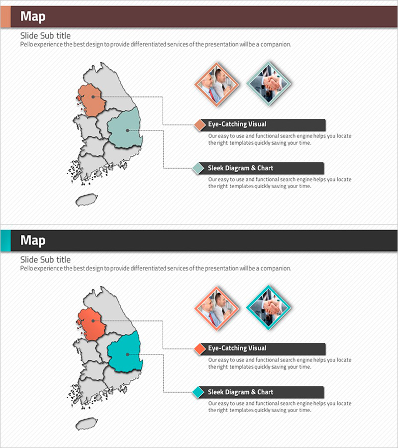 마름모 템플릿으로 구성한 지도 슬라이드 – 고객 및 파트너사 소개