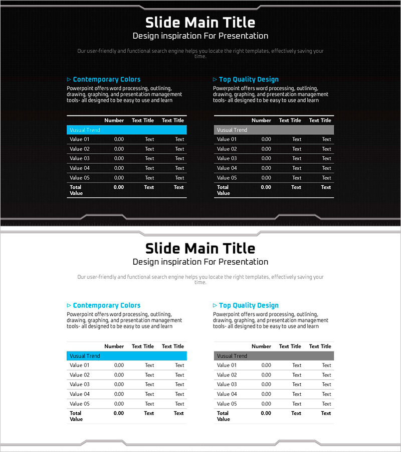 재무 계획 및 성과를 강조한 기하학 무늬 테이블 PPT 템플릿