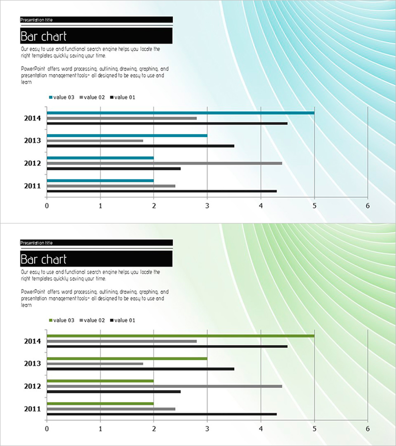 블루 그린 연도별 묶음형 가로막대바 차트