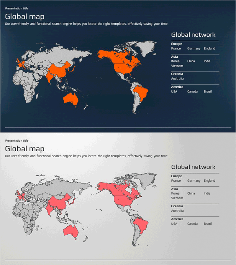 글로벌 비즈니스 맵 PPT 템플릿 – 고객 및 파트너 네트워크