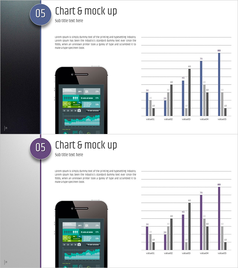 다섯가지 컬러 와이드 템플릿 – 차트와 목업