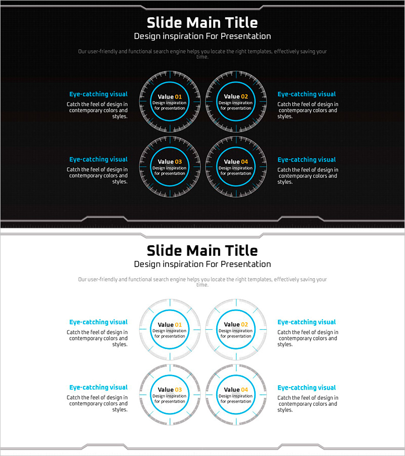 기하학 무늬 와이드 PPT 다이어그램 - 기술부문 서비스 구성을 시각화