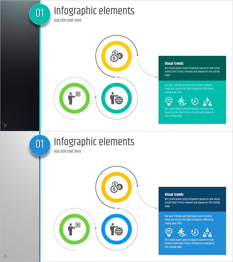 인포그래픽 요소로 구성된 다섯가지 컬러 프레젠테이션 템플릿