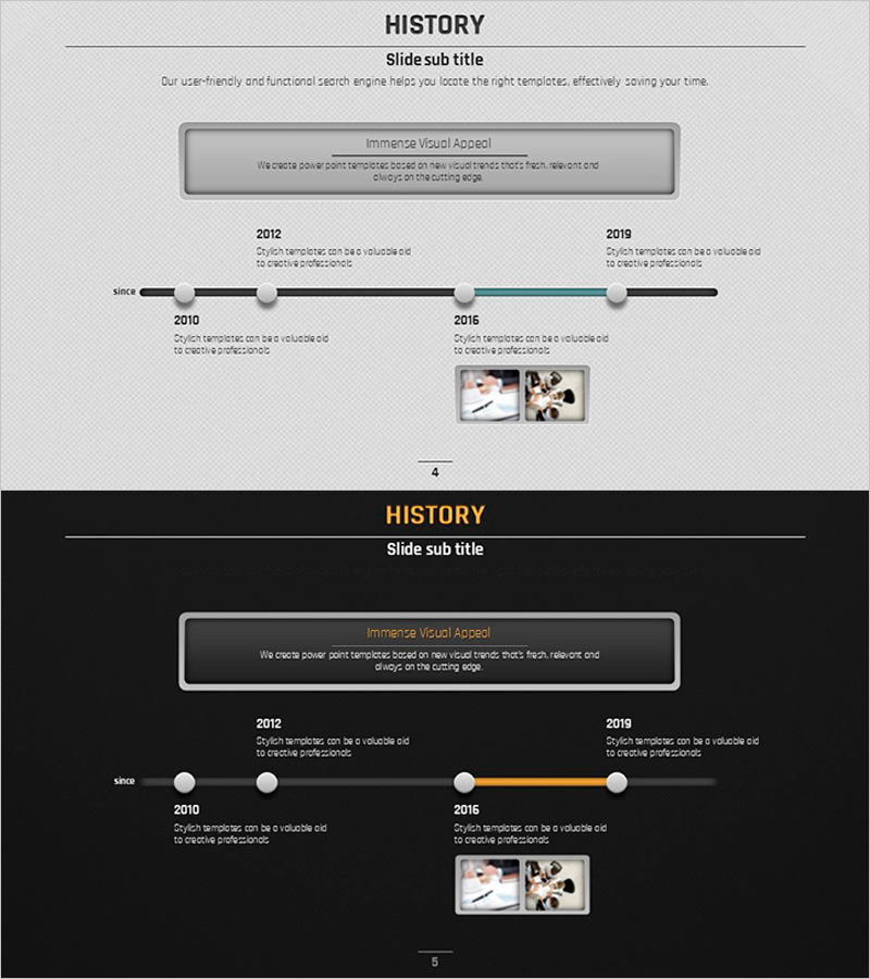 선형 흐름으로 연혁을 시각화한 볼륨 PPT 템플릿