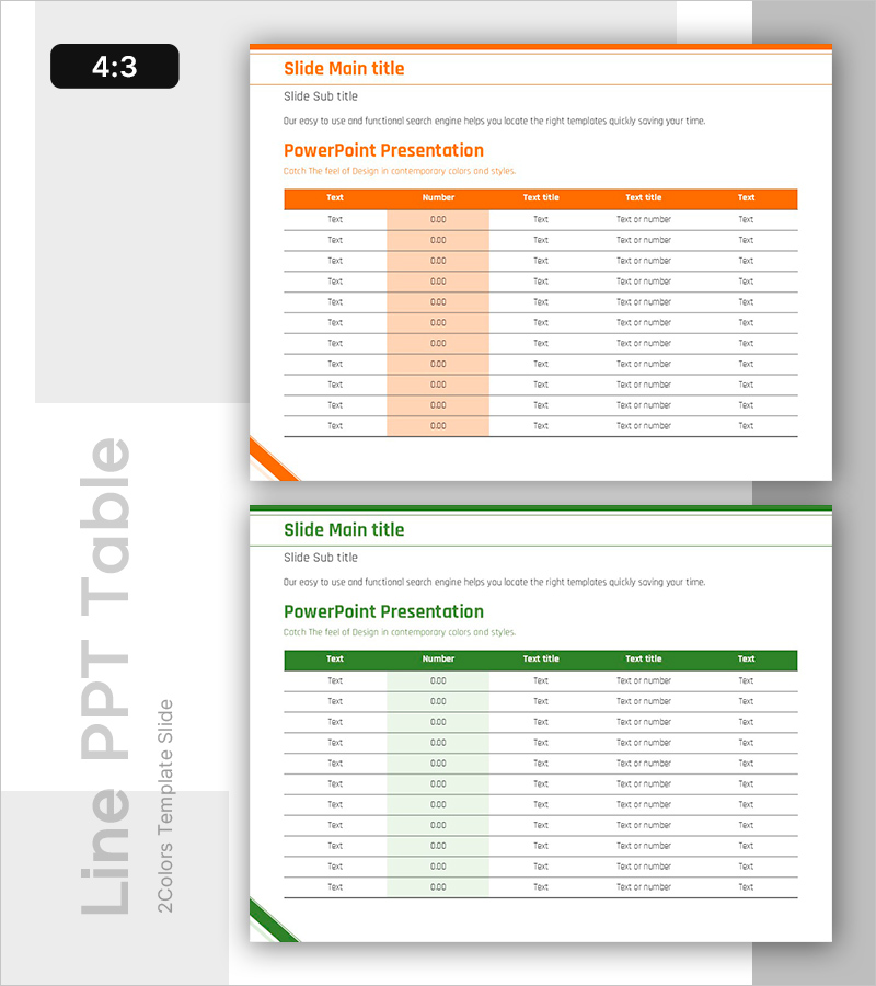 라인 PPT 테이블(그린&오렌지) – 재무 성과 데이터 시각화