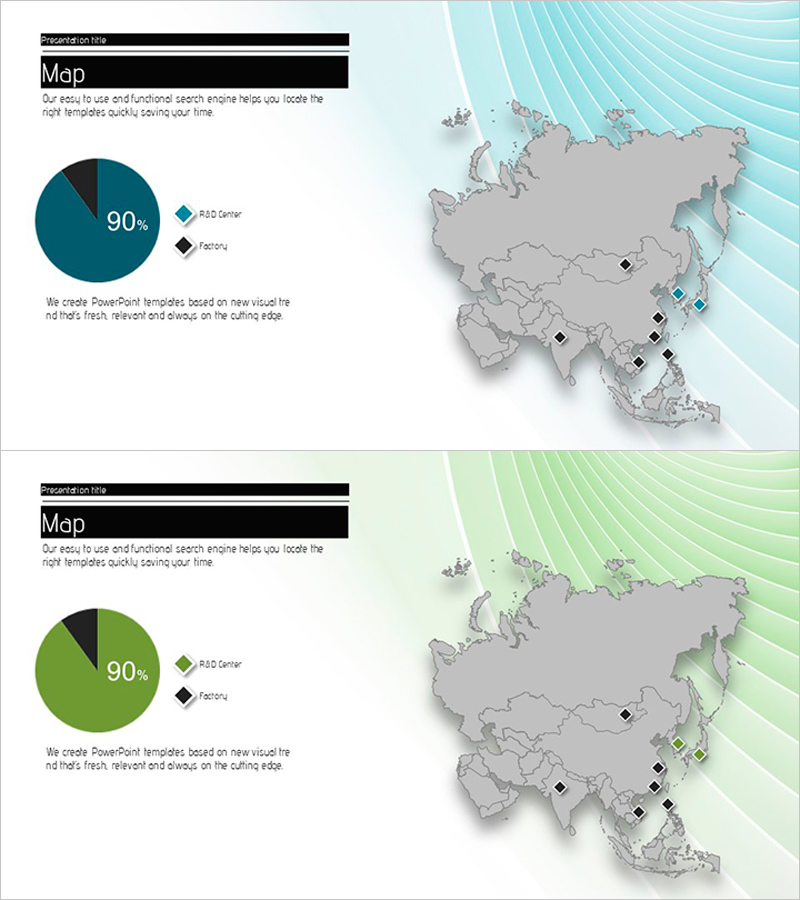 세부적인 위치 맵&점유율 그래프 – 시장 점유율 및 글로벌 네트워크