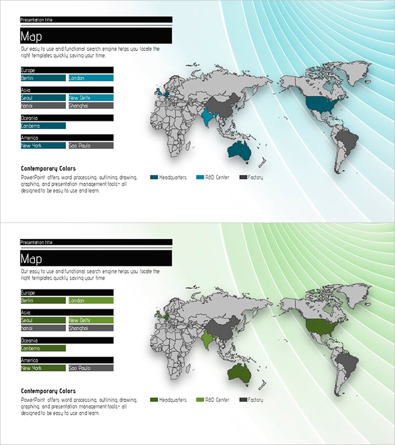 세계지도와 컬러 위치표시 – 글로벌 비즈니스 전략