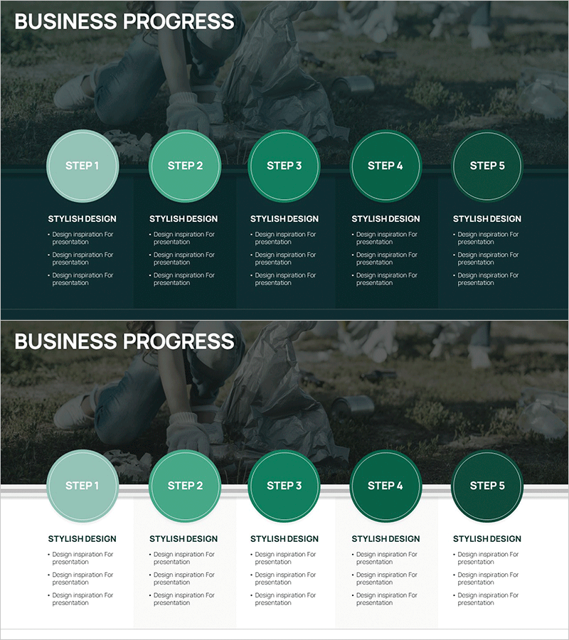 프로세스 단계를 시각화한 사업 진행 슬라이드