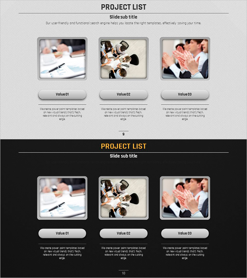 프로젝트 리스트를 위한 볼륨 PPT 템플릿 – 사업비전과 전략