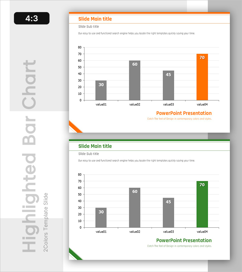 강조된 세로형 막대 그래프(그린&오렌지) – 데이터 비교의 명확한 시각화