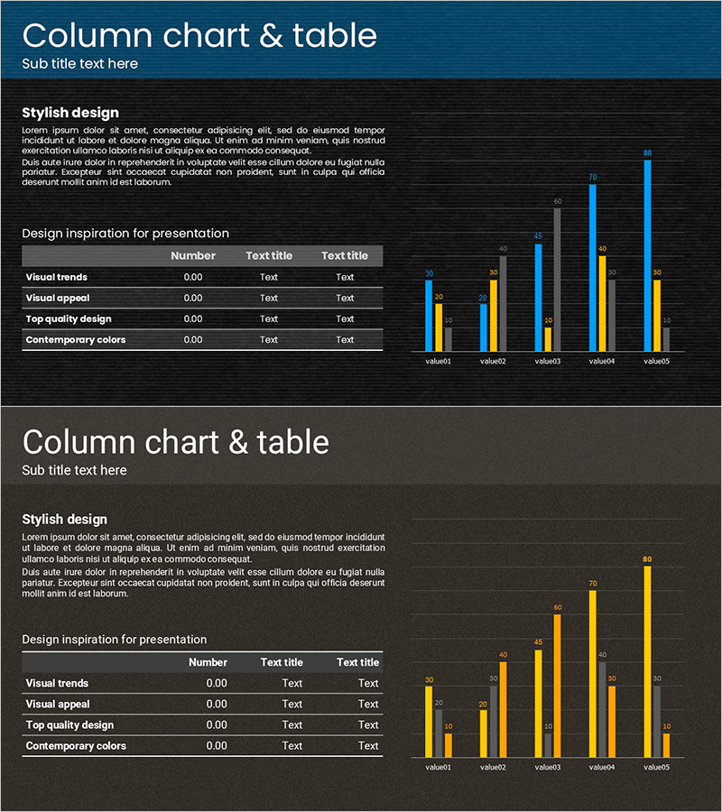 터치 와이드 슬라이드 템플릿 – 칼럼 차트 및 테이블