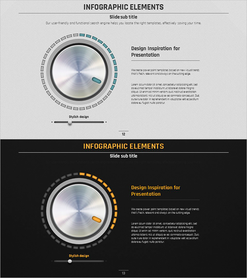 볼륨 템플릿 – 스테레오 다이얼 개념으로 시각화된 사업 소개
