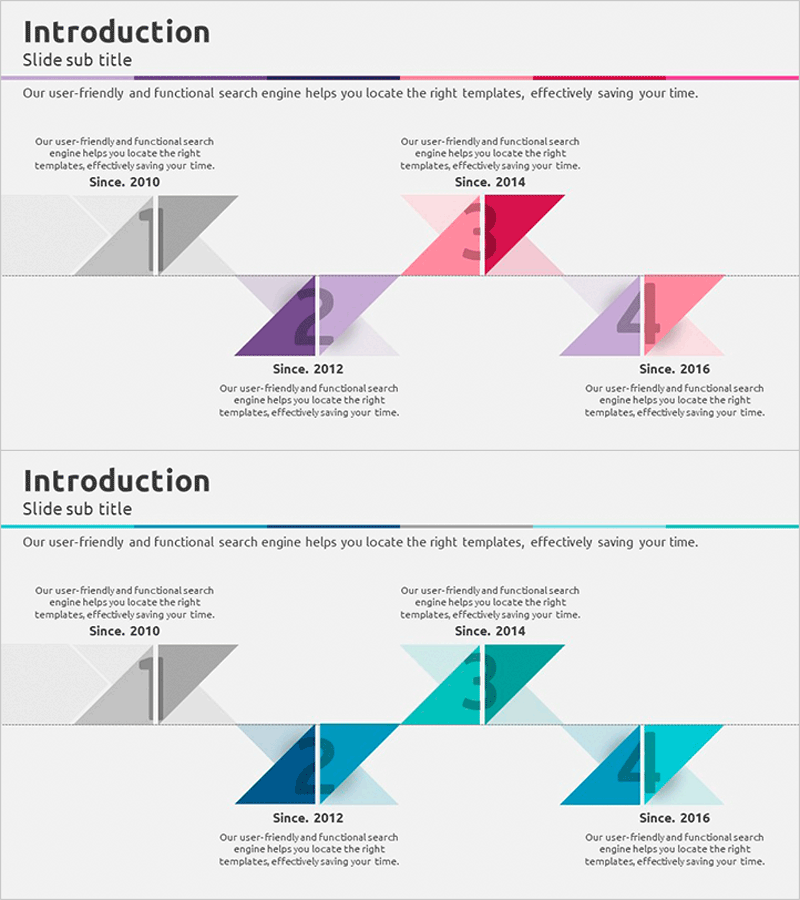 삼각형 패턴으로 시각화한 연혁 PPT 템플릿