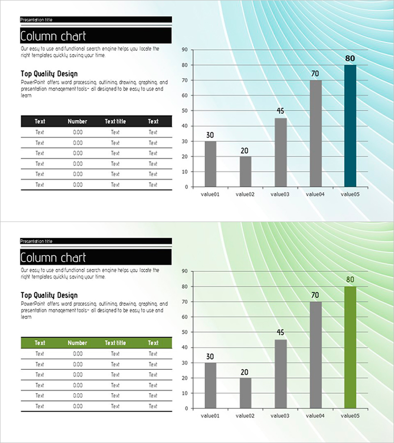 컬러 강조 세로막대 그래프와 테이블 – 재무 분석에 최적화된 슬라이드