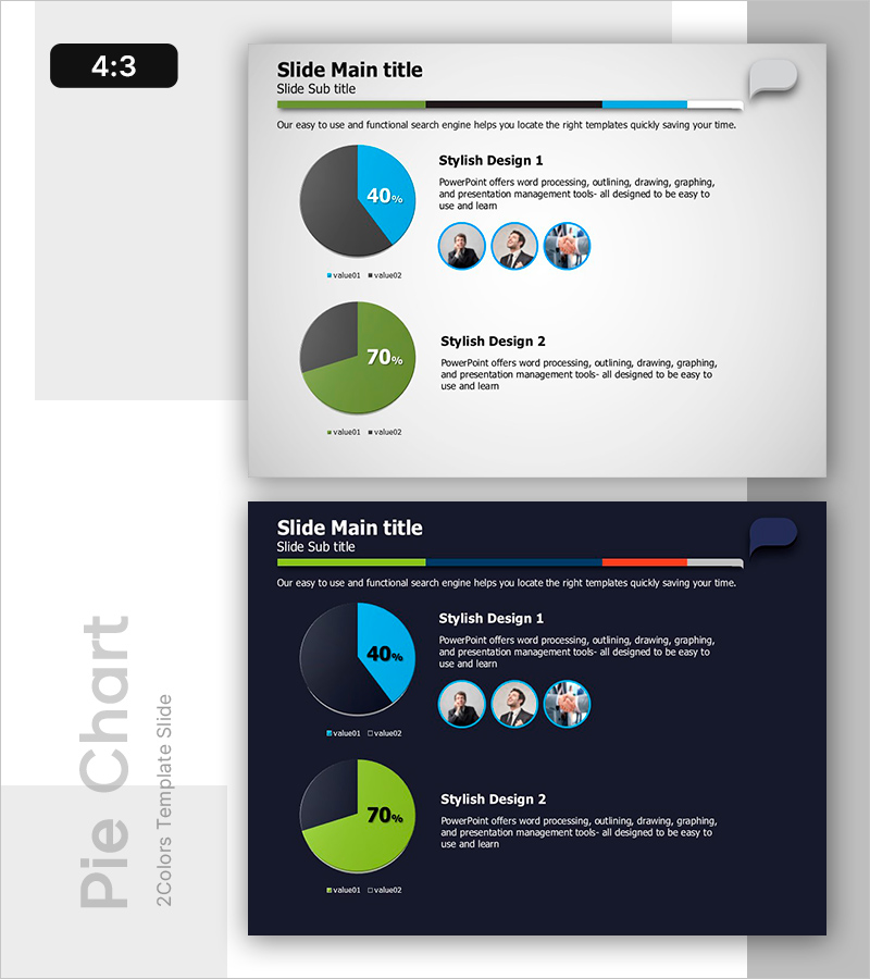 해설이 있는 두 개의 파이차트 – 시장 점유율 분석