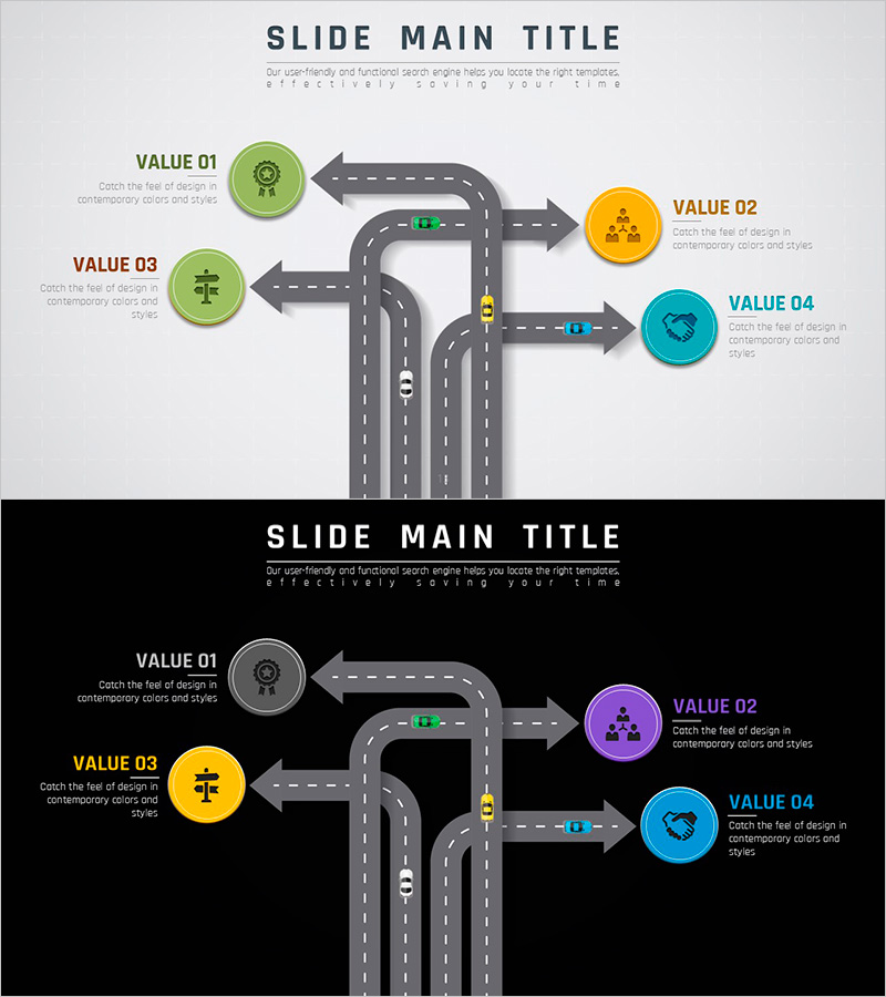 다양한 사업 전략을 시각화한 다방향 다이어그램 슬라이드