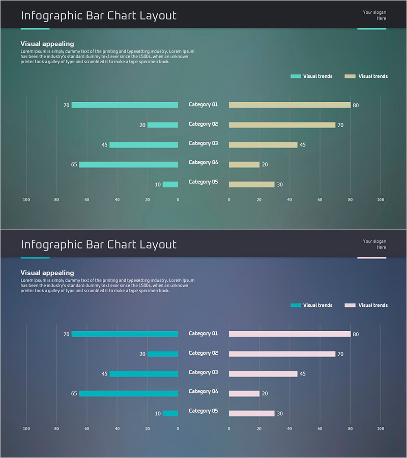 아이디어 프레젠테이션 와이드 템플릿 쌍가로 막대 그래프