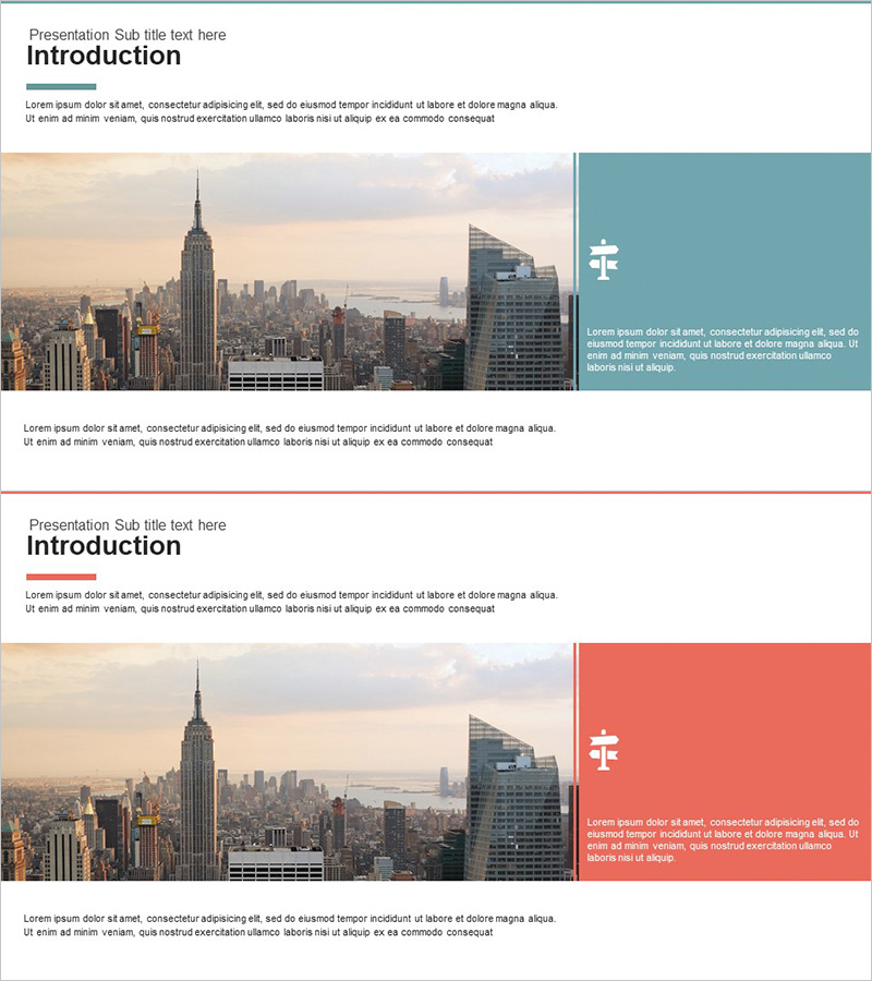 회사 비즈니스 개요 슬라이드 – 청록과 빨강의 조화