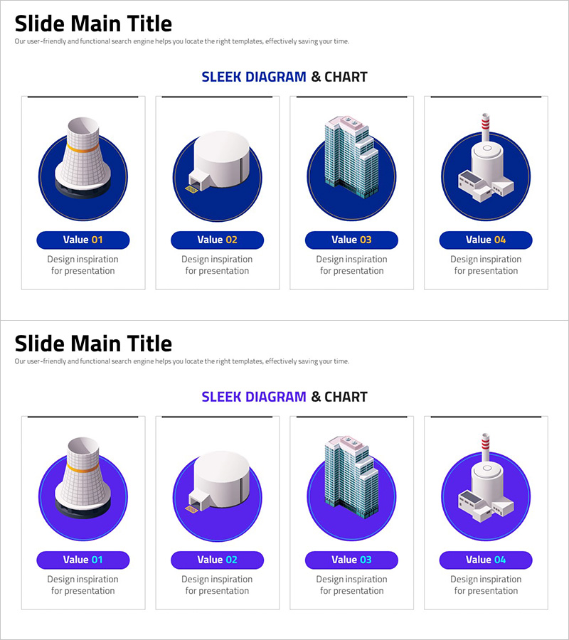 슬릭 다이어그램 및 차트 – 비즈니스 프레젠테이션을 위해 최적화된 디자인