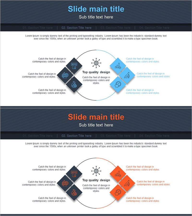 사각 연결 원형 다이어그램 – 사업비전 및 마케팅 전략 시각화