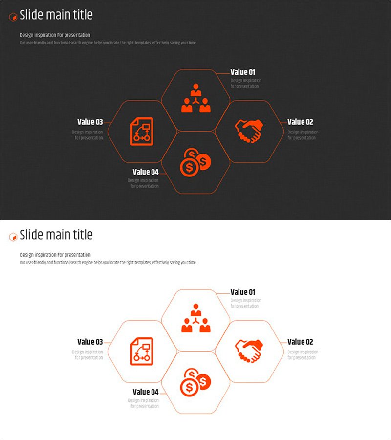 오렌지 육각형 템플릿 다이어그램2 – 사업 소개 및 전략