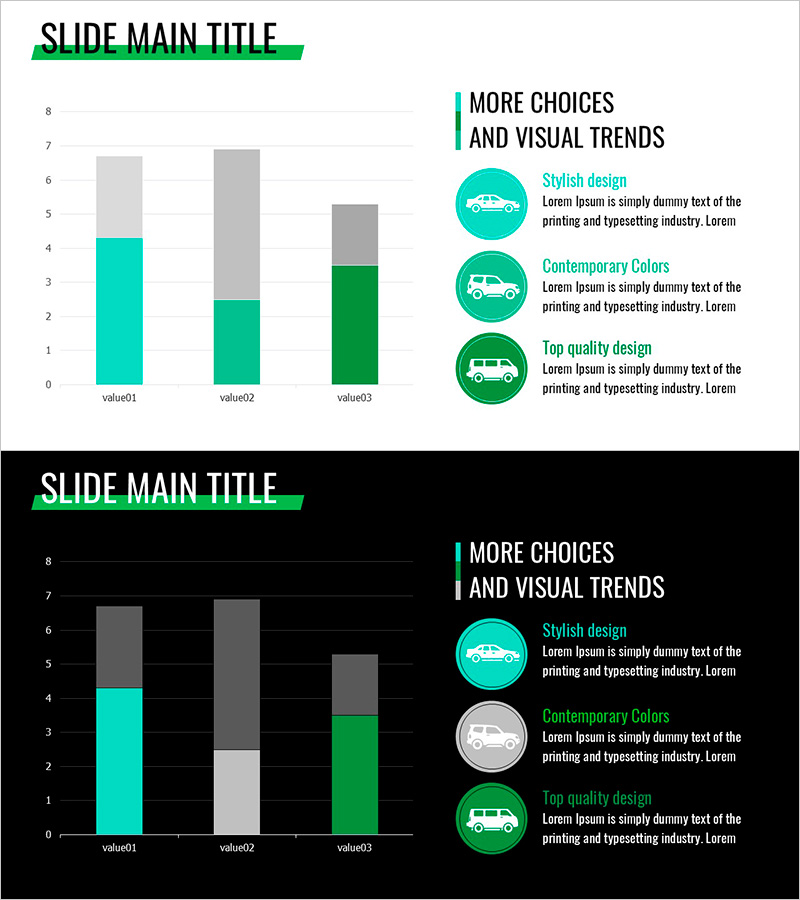 자동차 판매 현황 분석을 위한 세분형 세로막대 차트 PPT 템플릿