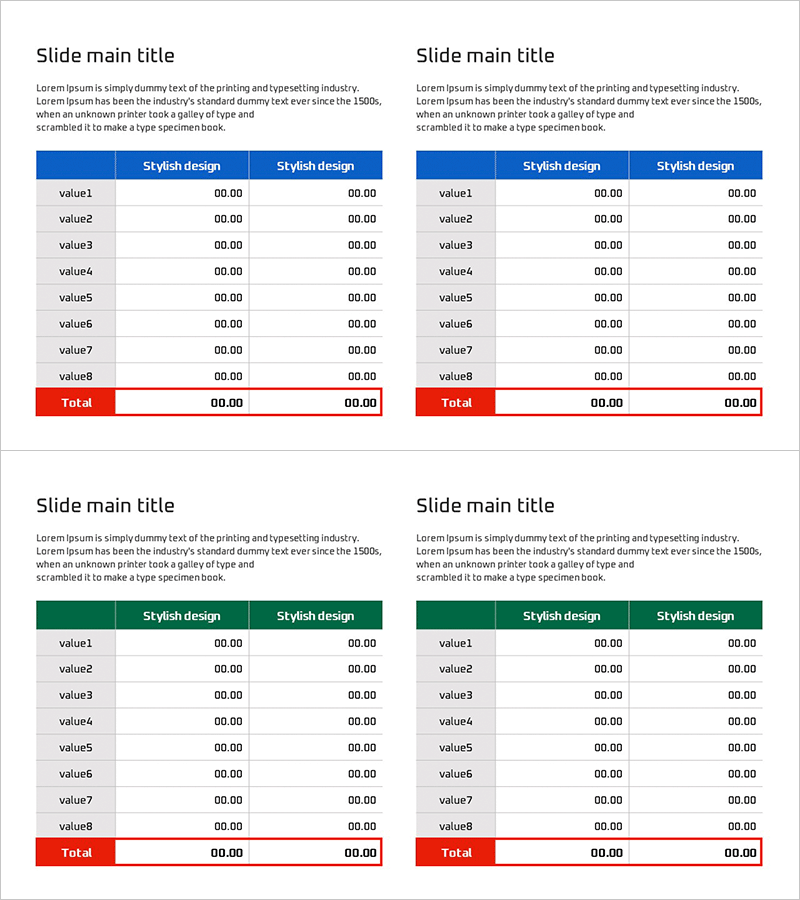 손익계산서 테이블 차트 – 재무 계획 및 성과 개요