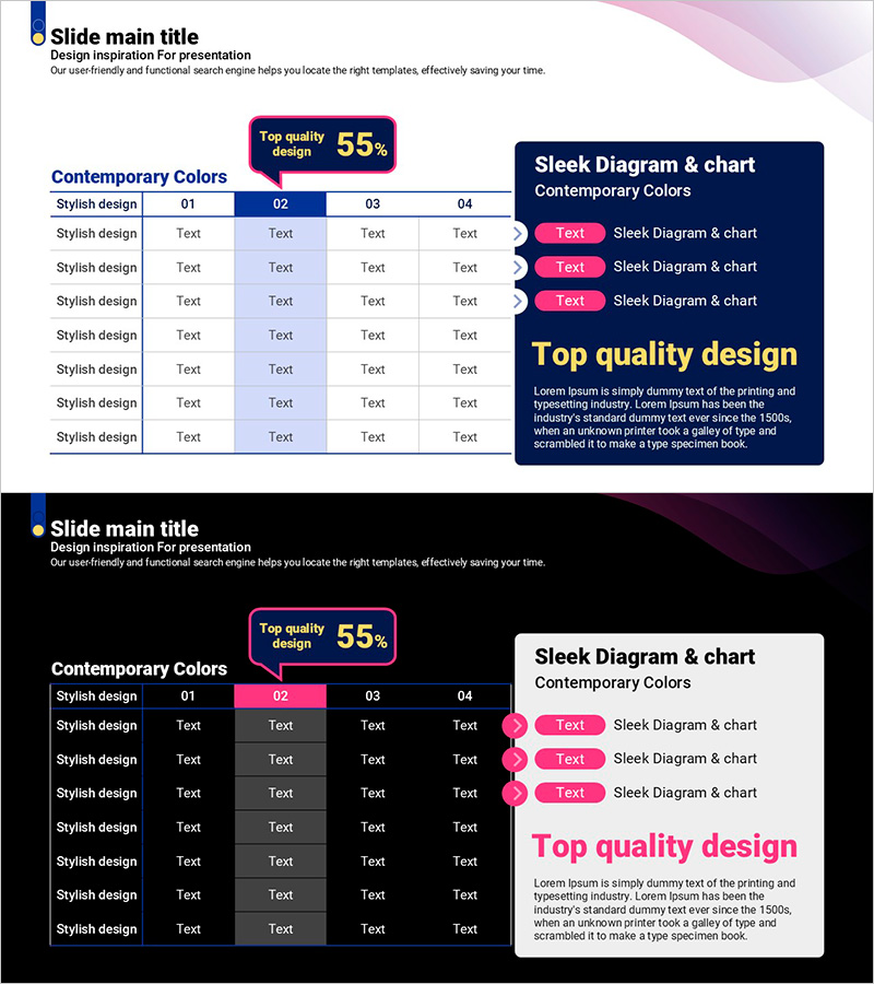 곡선 테마 보라색 템플릿 다이어그램 – 투자 계획과 성과