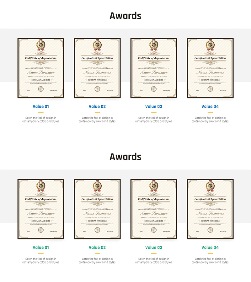 수상 내역 소개 슬라이드 – 회사 성과를 강조