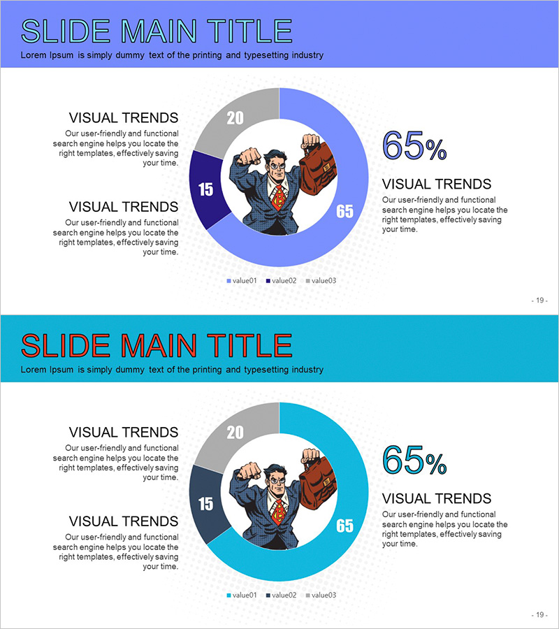 비즈니스맨 카툰 테마 원형 그래프 – 시장 분석 및 경쟁 현황