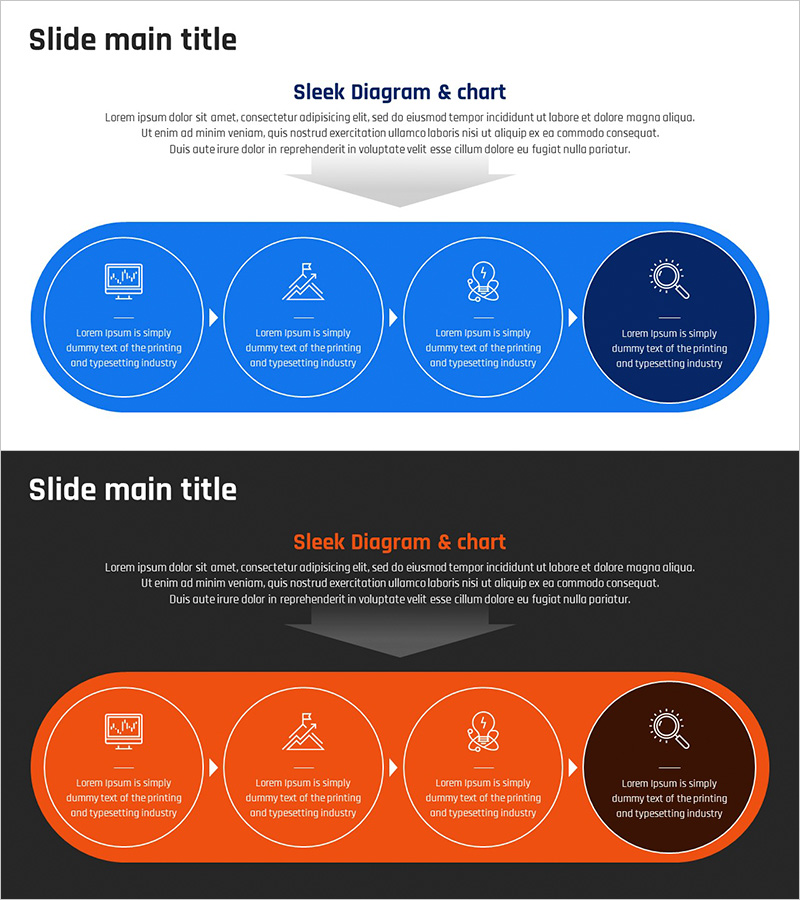 스타트업 비즈니스 아이디어 개발을 위한 선형 다이어그램 슬라이드