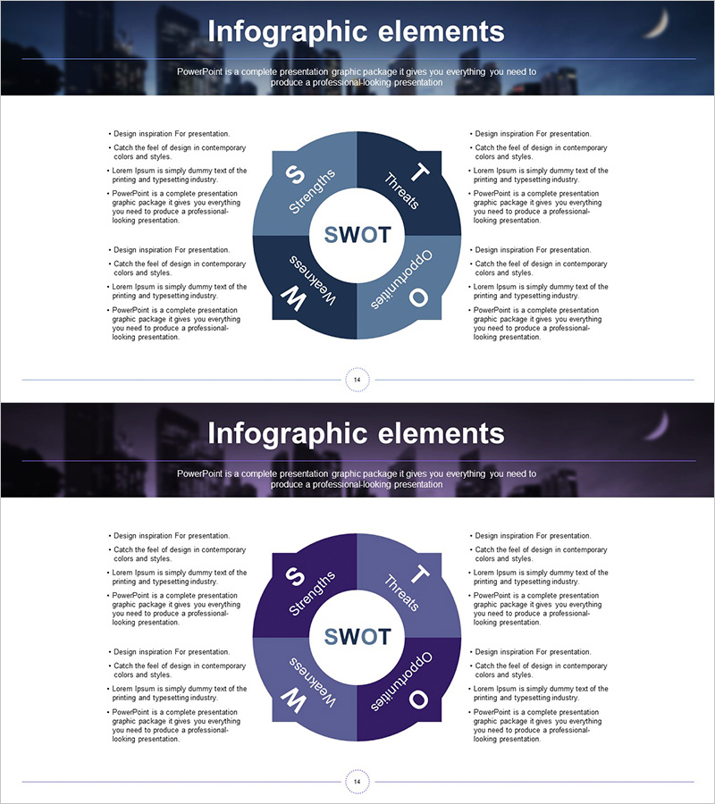 새벽 도시 테마 SWOT 분석 다이어그램
