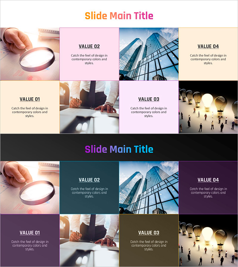 그라데이션 피피티 와이드 템플릿 – 사각형 텍스트박스와 이미지 활용