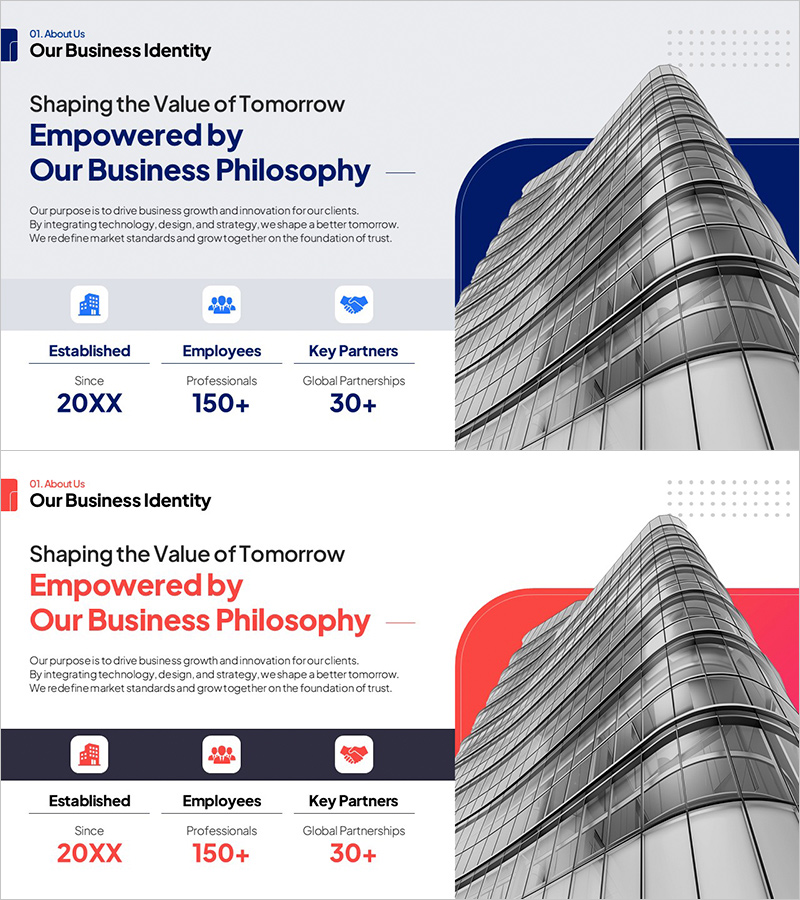 연혁과 규모를 담은 회사 개요 슬라이드