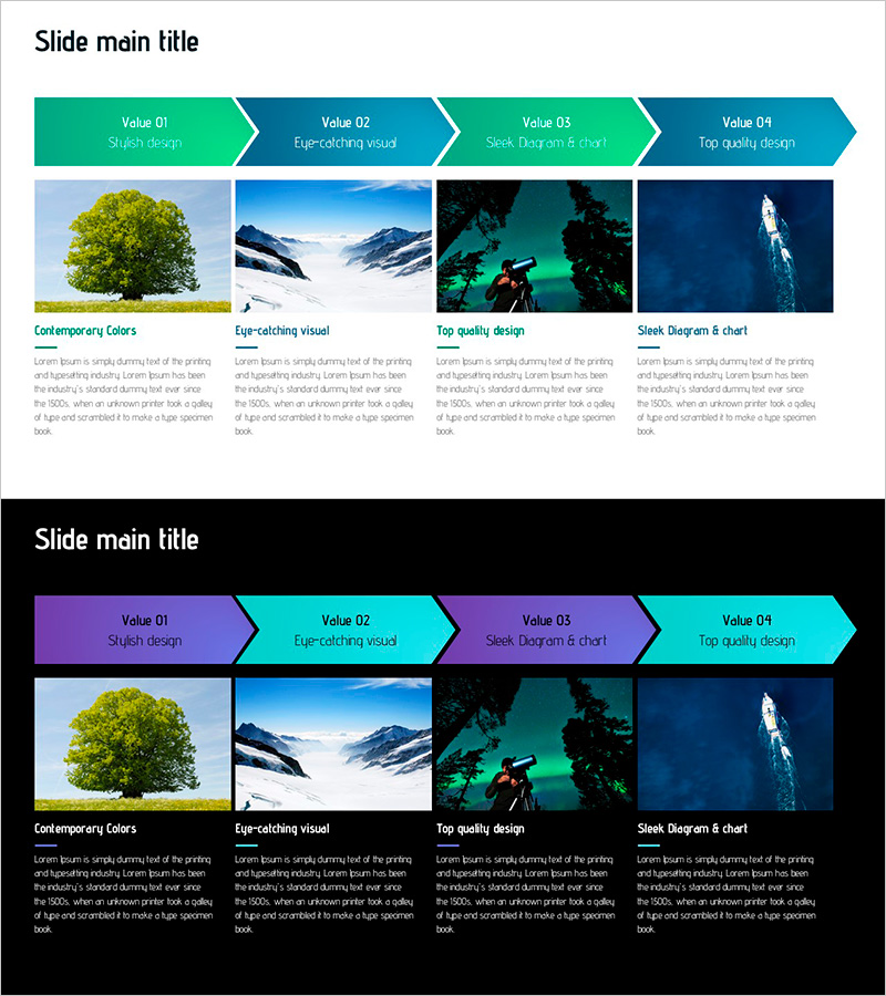 모던 디자인의 슬라이드 템플릿 – 세련된 비주얼과 차트